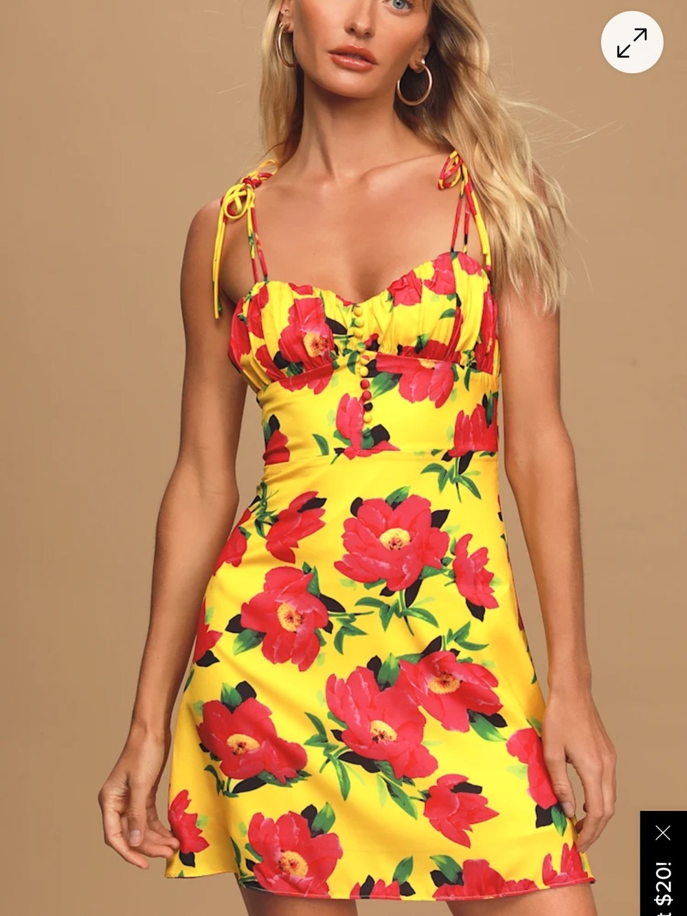 KOURT Dionne Bright Yellow Floral Satin Tie Mini Dress Size XSmall